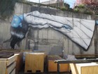 IMG_2861  Wall painting in a vacant lot behind a fence with a peek hole.JPG